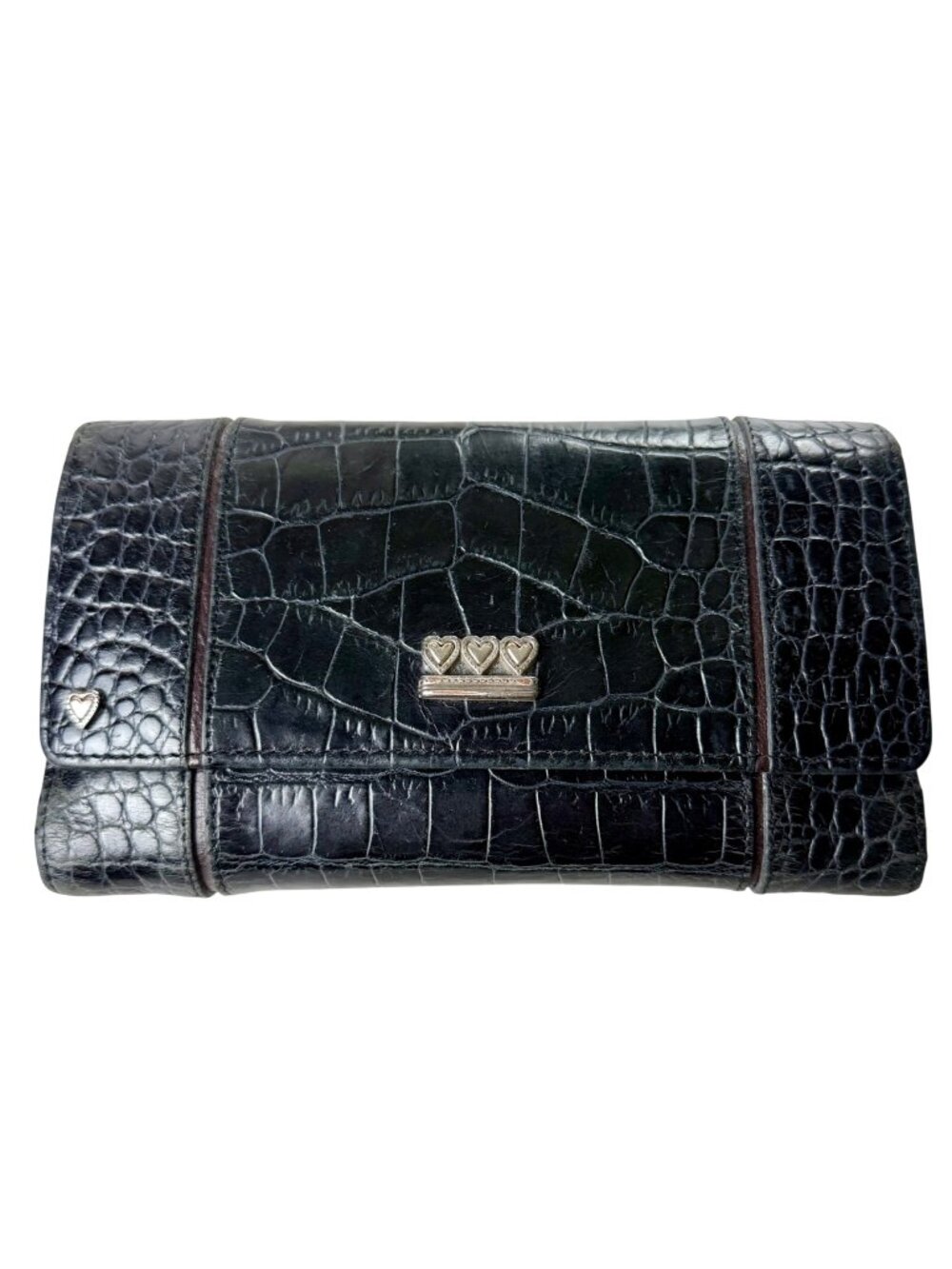 Brighton Bellissimo Croc Trifold Wallet Black Leather Brown Accent GUC See Flaws